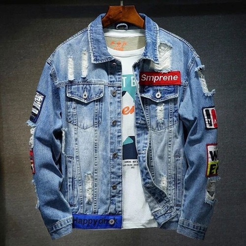 Herren Denim Jacke Hip Hop Streetwear Punk Motorrad gerissener Druck Cowboy Outwear - Bild 7 von 29