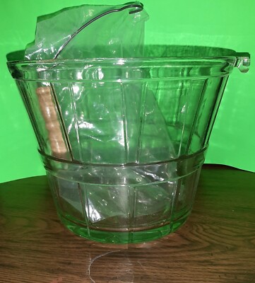 VTG ANCHOR HOCKING GLASS ICE BUCKET W/HANDLE & 6 ETCHED COUPE STEMWARE NIB 