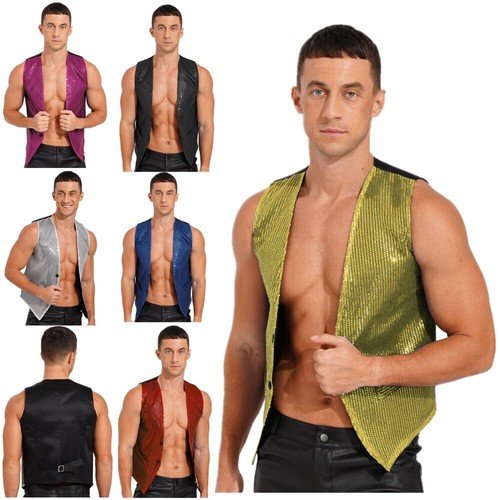 Men's Sparkling Sequins Vests Waistcoat Rave Dance Party Performance Costume - Picture 5 of 8