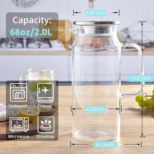 2 Liter 68 Oz Glass Pitcher With Lid And Spout Water Pitcher For Fridge Glass Ca - Picture 2 of 7