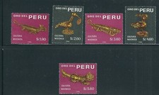 PÉROU 1968 OR ALLIGATOR, JAGUAR, CULTURE MOCHICA, ARTÉFACTS (Sc 505-09) VF MNH