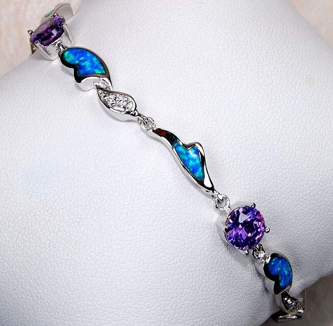 Amethyst & Australian Opal Inlay 925 Sterling Silver Tennis Bracelet OX1