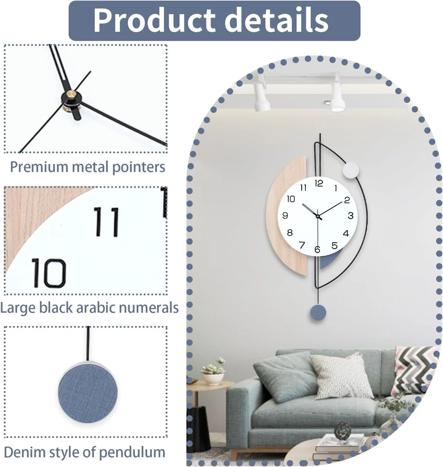 Wall Clock,Large Decorative Wall Clocks with Pendulum,Battery Operated Silent - Image 3 of 4