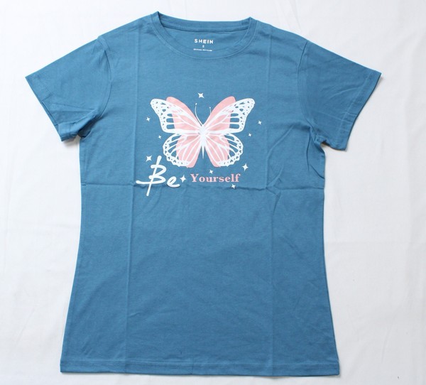 Shein Women's LUNE Butterfly And Slogan Graphic Tee CG2 Teal Blue Small