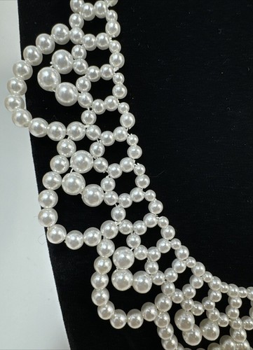 Vintage Faux Pearl Collar Necklace RBG Ivory Seed Beaded Lace Bib Necklace~19” - Picture 3 of 10