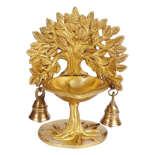 Brass Kalpavriksha Tree Diya with Bells Table Oil Lamp Diwali Deepak 7 Inch - Picture 2 of 6