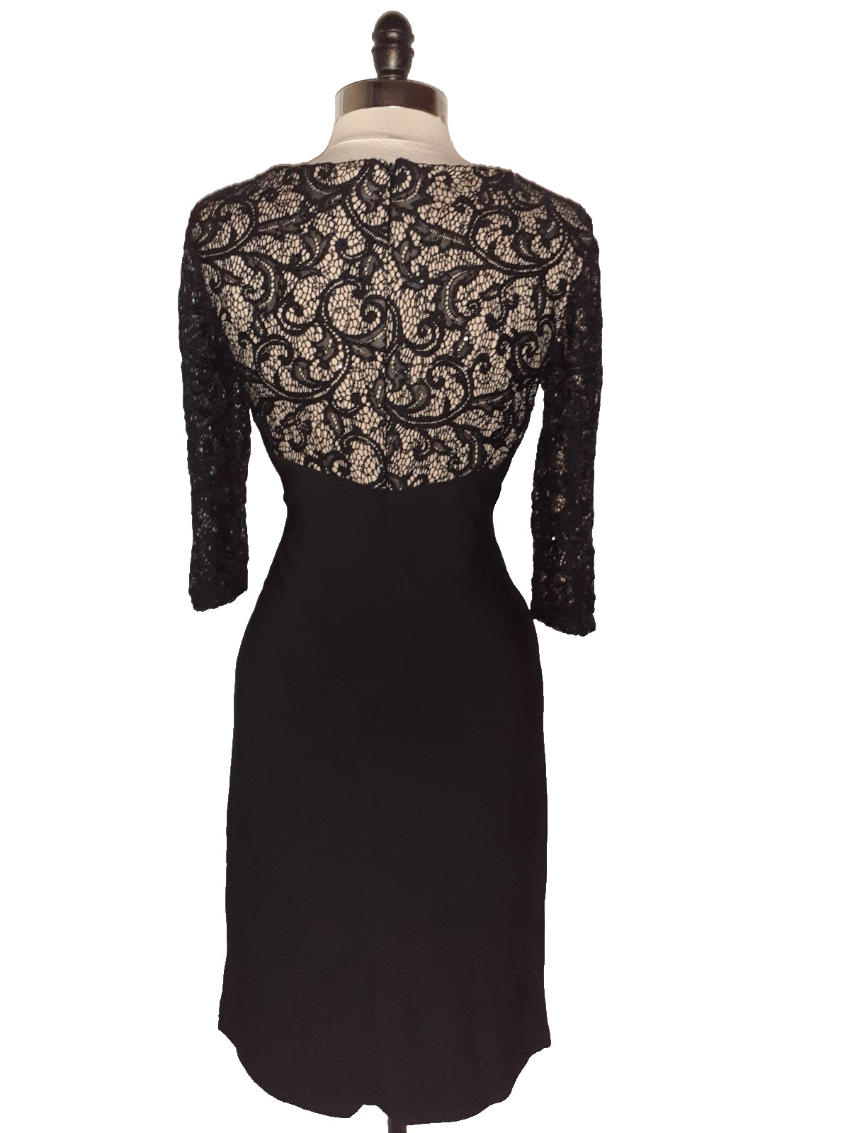 R&M RICHARDS Sz 12 Sheath Dress Black Lace Sequins 3/4 Sleeve Stretch Knit Midi