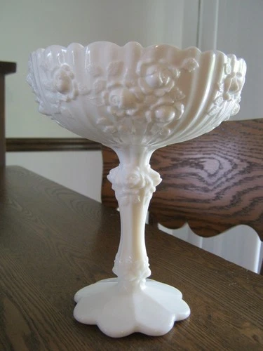 Vintage Fenton Milk Glass Cabbage Rose Compote