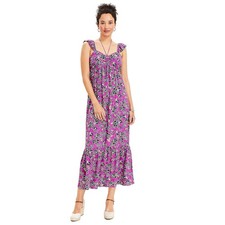 New Loft Floral Halter Dress Purple Clover Smocked Ruffle Sleeveless Sz 14 Women