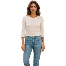 Talbots Stretch Knit Top Women's Size M White stripe 3/4 Sleeve Base Layer Tee