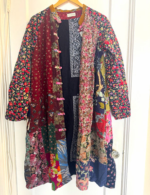 Jian Zai Jiang Nan Women's Multicolor Patchwork Long Toggle Coat Pockets Kimono