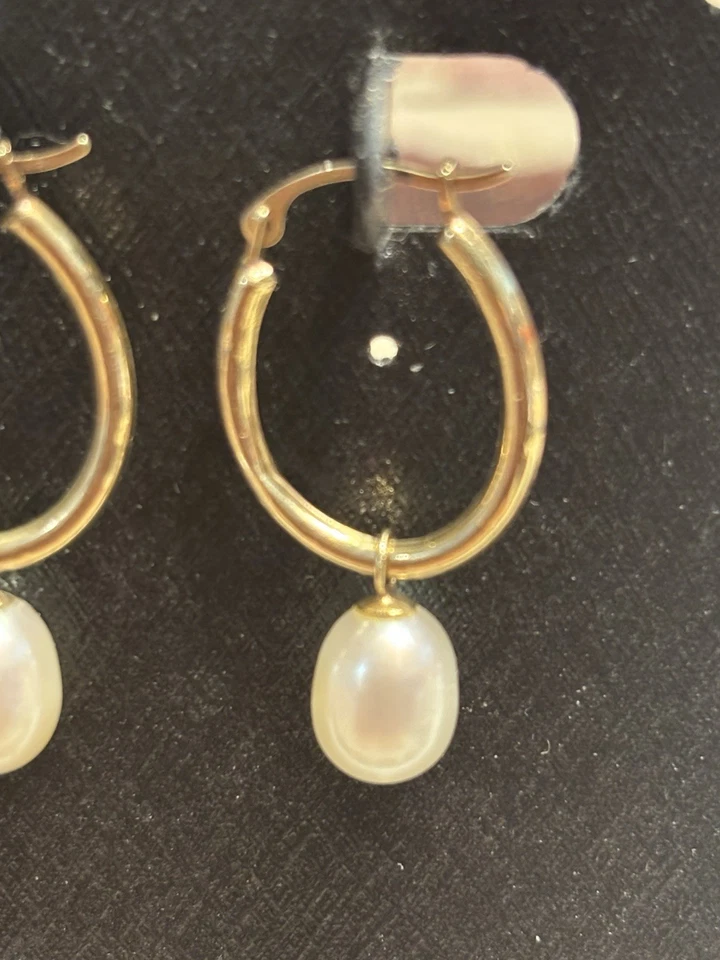 Pendientes de aro ovalados 14k YG con perlas colgantes - Día de la Madre - Cumpleaños - Aniversario Foto 3 de 4
