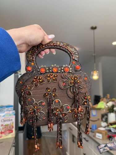 Mary Frances Beaded Floral Handbag Brown Orange Jeweled Top Handle Purse