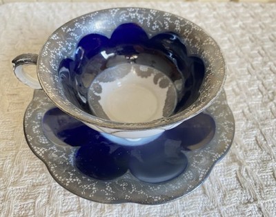VTG Hutschenreuther Hohenberg Cobalt Blue Silver Flower Lace Tea Cup Saucer Set