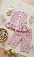 ​Cute Toddler Girls Pink Floral Summer Clothes Set Ruffle Top & Trousers 3-4Y
