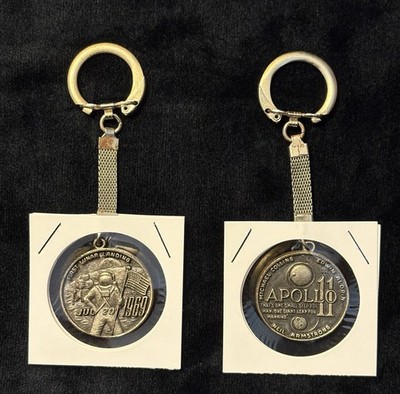 (2) Vintage 1969 Apollo 11 First Lunar Landing w/Astronauts Comm. Keychain