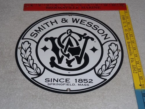 VINTAGE 1949 "SMITH & WESSON FIREARMS" 11 3/4" PORCELAIN METAL GUN & BULLET SIGN