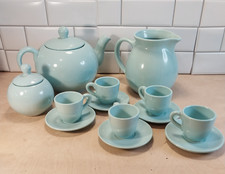Porcelain 16 pc Pastel Aqua Blue Tea Set  5 Settings/Tea Pot/Cream Sugar  Vtg