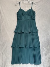 Lulus Dress Womens Large Green Pleated Tiered Chiffon Midi Sweetheart Fit Flare
