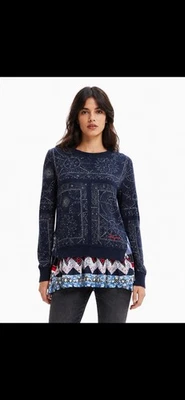 DESIGUAL Women's Floral Patchwork Long Sleeve Knit Top/Sweater Blue Size Large - Photo 1/4
