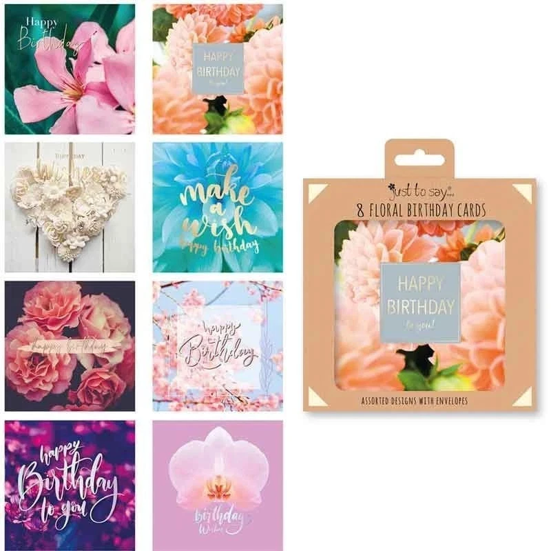 JUST TO SAY 8-Pack Floral Birthday Cards with Envelopes – Assorted Designs