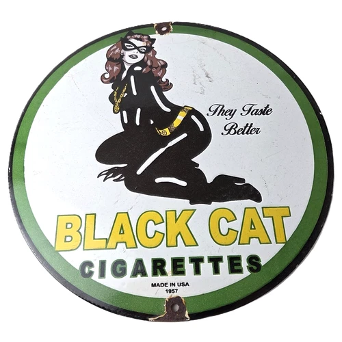 Vintage Black Cat Cigarettes Pin Up Porcelain Sign - Catwoman Sign