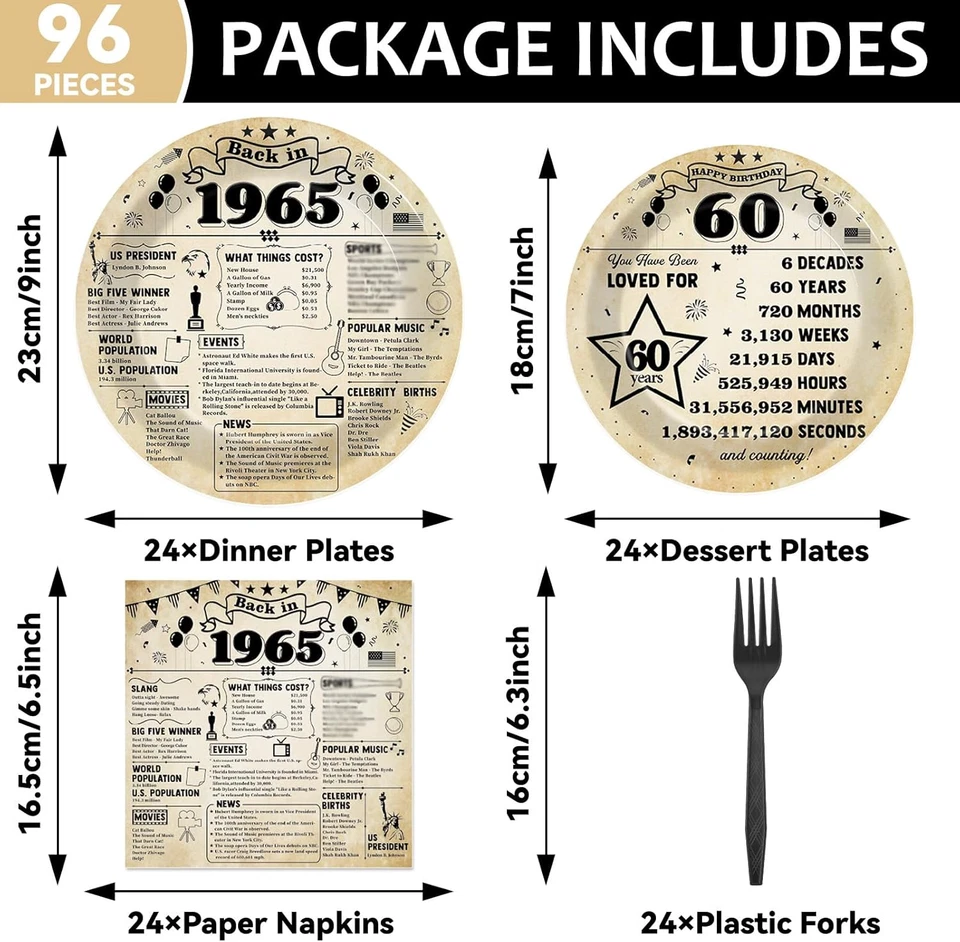 96 Piezas Platos y Servilletas Back in 1965 60º Cumpleaños Fiesta Decoraciones Vintage 60 Foto 2 de 4