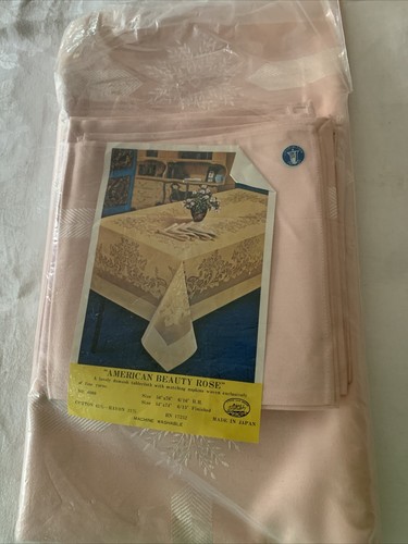 Vintage American Beauty Rose Pink 54”x 74” Damask Table Cloth 12 Napkins - Picture 2 of 12