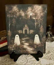 Dark Cottage Ghosts, Halloween, Whimsy-goth, Handcrafted CANVAS Board Sign