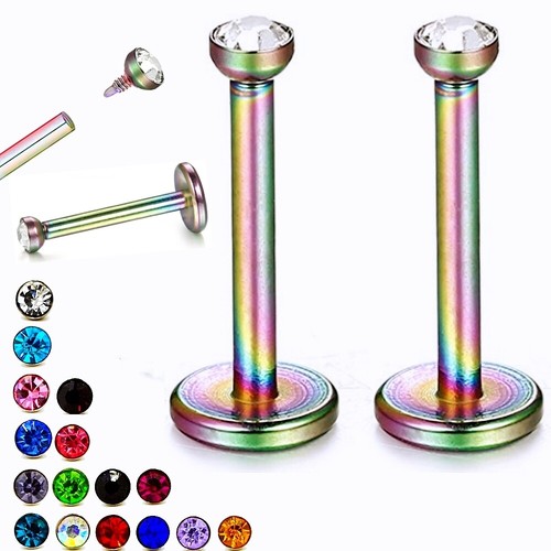 10pc 16G Mixed Color Crystal Labret Internal Thread Steel Ear Stud Lip Piercing - Picture 8 of 11