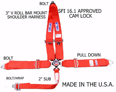 RJS SFI 16.1 CAM LOCK 5 POINT RACING HARNESS BELT V ROLL BAR BOLT IN RED 1029304