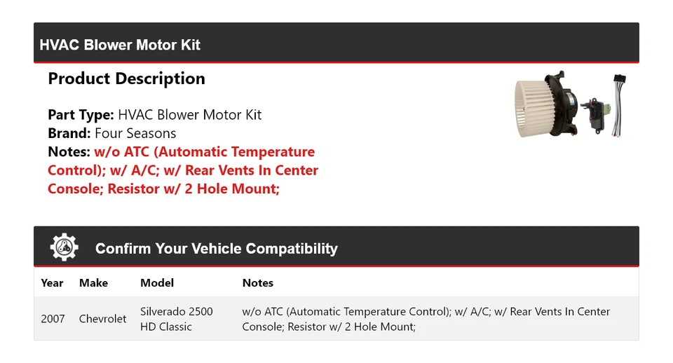 Kit de motor soplador HVAC clásico para Chevrolet Silverado 2500 HD 2007 4 estaciones Foto 2 de 4