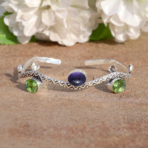 Faceted Peridot & Amethyst Gemstone 925 Sterling Silver Beauty Bangle Cuff - Picture 3 of 9