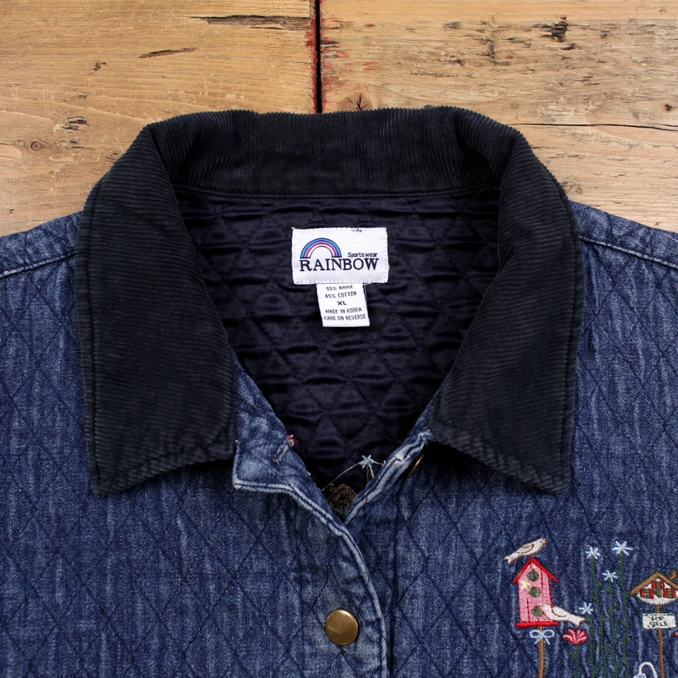 Chaqueta vaquera vintage arco iris XL acolchada denim bordada azul para mujer Foto 3 de 4