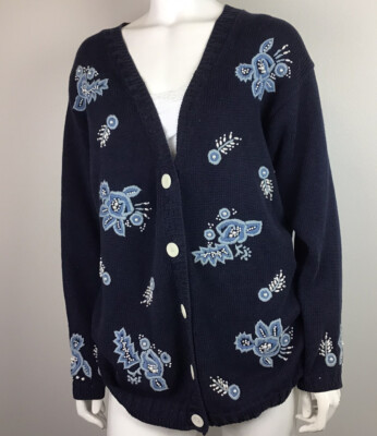 CHAUS, Vintage Navy Blue Cardigan, 90 s Y2K , Cottage Core Embroidered