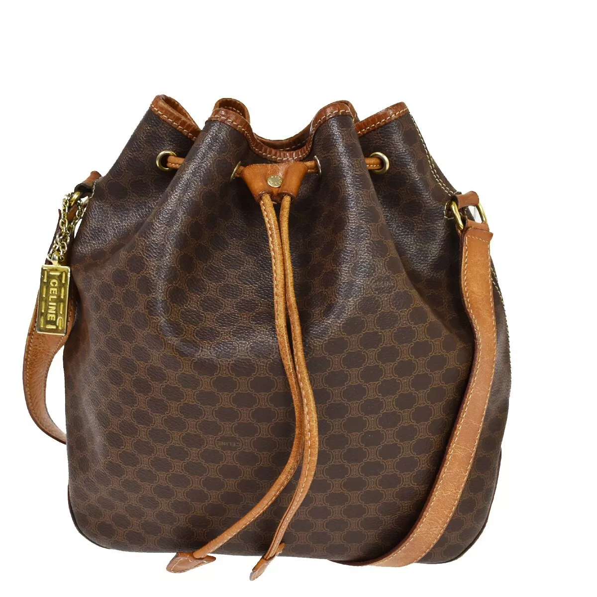 CELINE Macadam Pattern Drawstring Shoulder Bag PVC Leather Brown Gold 69YC235