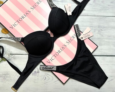 Victoria's Secret Schwarz Glänzend Bikini Set Push-Up Sexy Tee Wide Strap