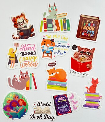 12 BOOK & CAT LOVER STICKERS i love reading kitty library reader decal flakes