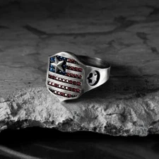 Ring USA Flag American 925 Sterling Silver Blue Red Patriotic Mens Ring