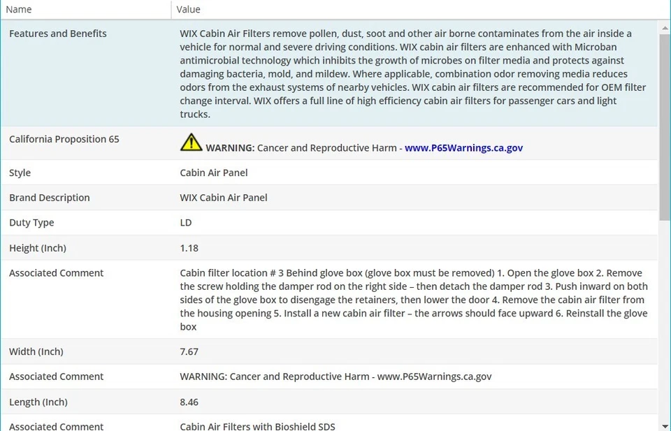 Filtro de aire de cabina WIX para SUBARU OUTBACK 2010-2017 H4-2,5 L Foto 3 de 4