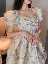 Elegant Floral Mini Dress Women Autumn PuffSleeve Short Party Dress Korean Sweet