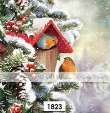 (1823) TWO Paper LUNCHEON Decoupage Art Craft Napkins - SNOW ROBINS BIRD HOUSE