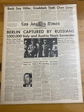 VINTAGE NEWSPAPER HEADLINE ~HITLER DEAD RUSSIANS TAKE BERLIN CAPITAL ~1945 WW2