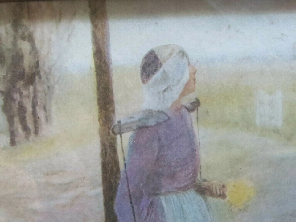 Grubby Primitive Old Wood Framed Picture Tray w Handles Dutch Woman w Flowers - Image 3 of 4