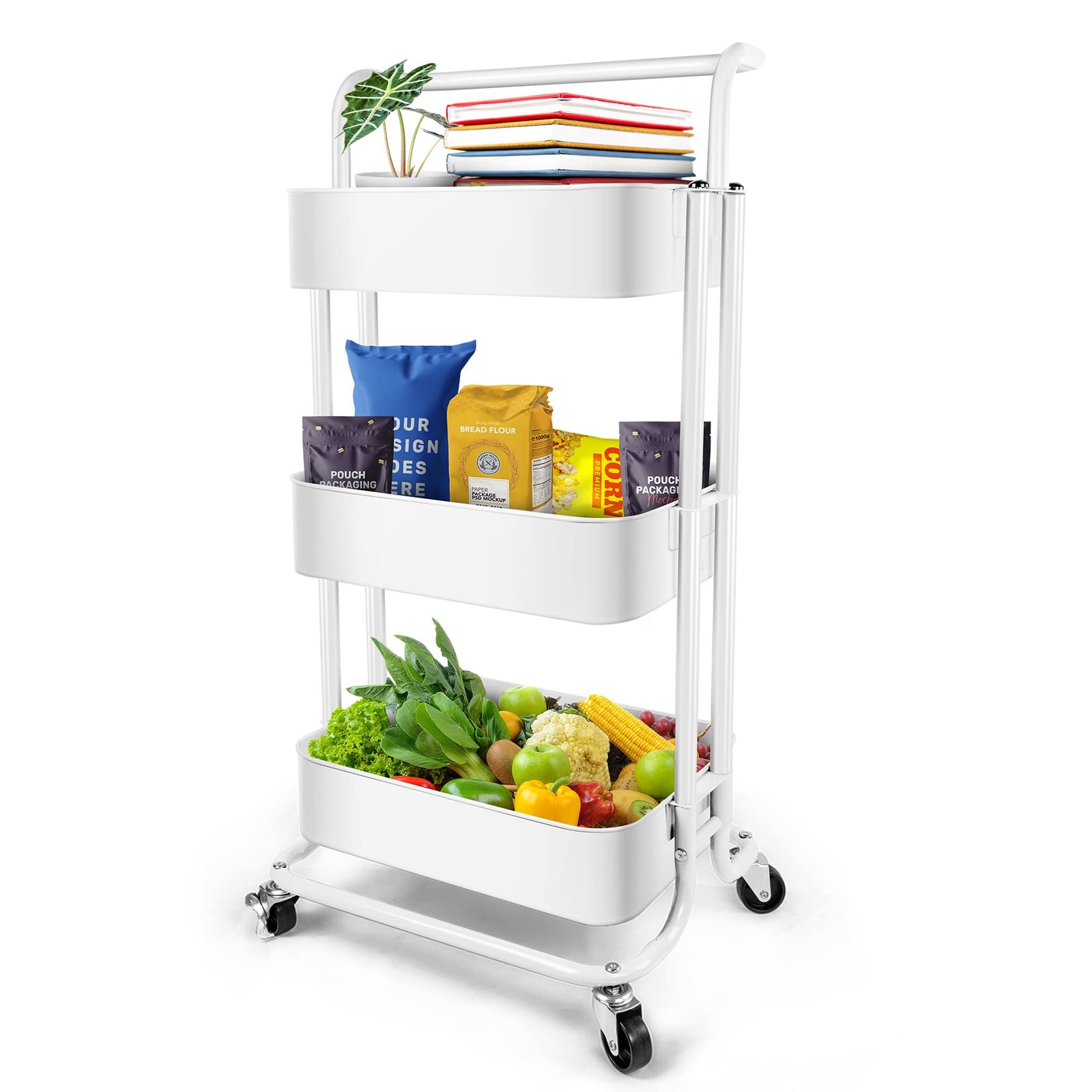 Многофункциональная трехъярусная металлическая тележка на колесиках Homchwell с запирающимися колесами