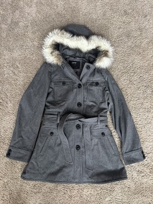 ESPRIT Collection Women Size L Winter Grey Wool Coat Fur Hood Y2K vintage NWOT