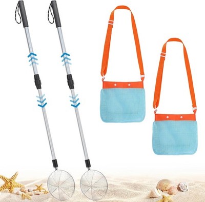 2 Pack Sand Sifter with Seashell Bags - 21.6''~33'' Adjustable Shark Tooth Sift...