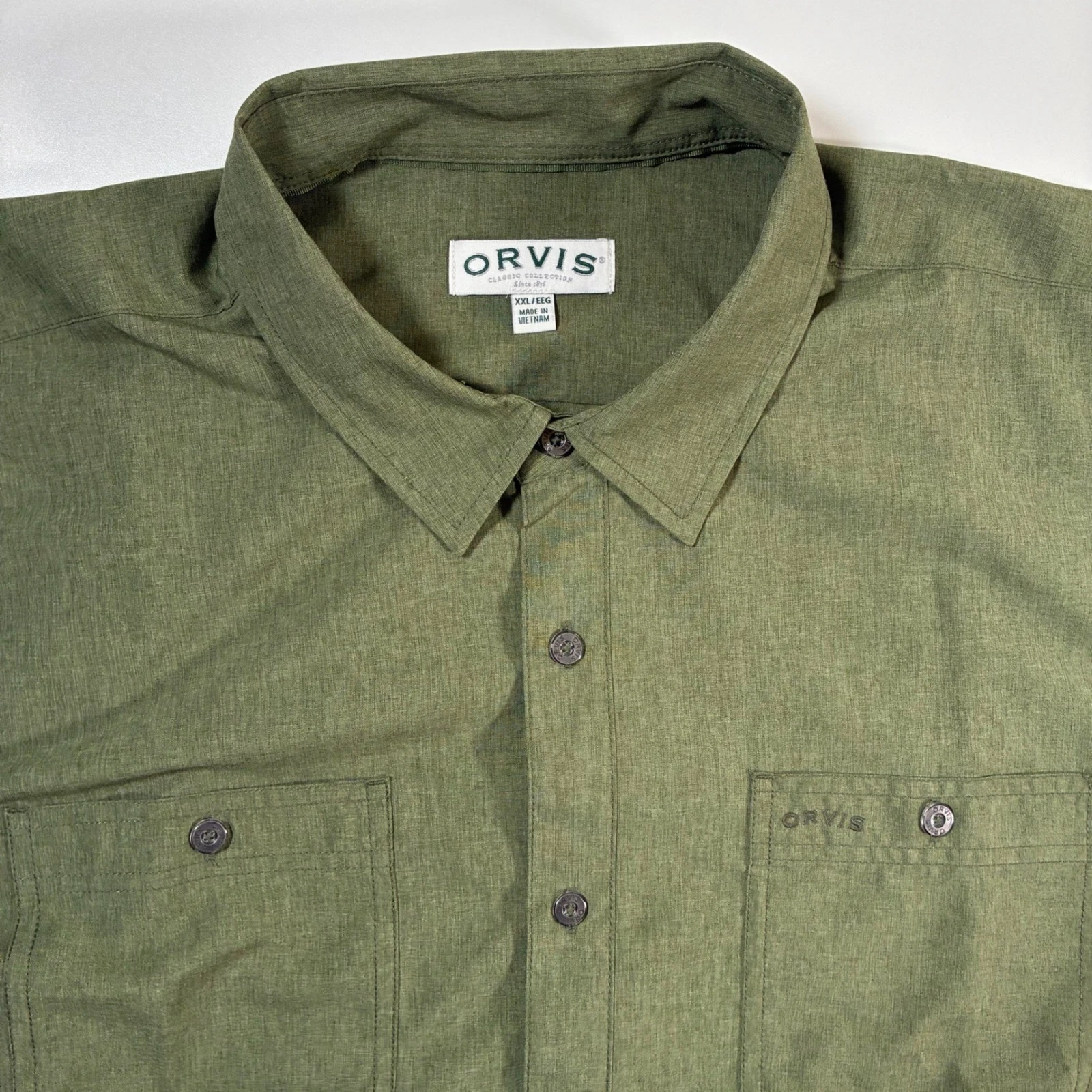 Orvis Woven Tech Shirt 2XL Green Short Sleeve Utility Hiking Fishing Performance