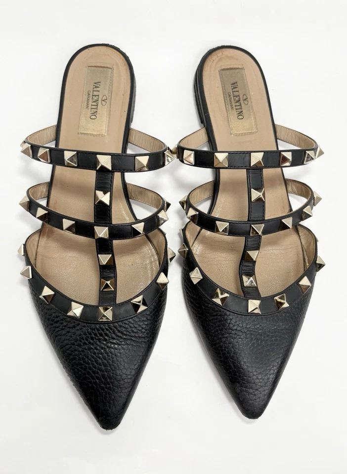 Valentino Garavani Mules Jaula Plana Rockstud Piel de becerro Guijarro Dorado Talla EU 36 6 Foto 2 de 4