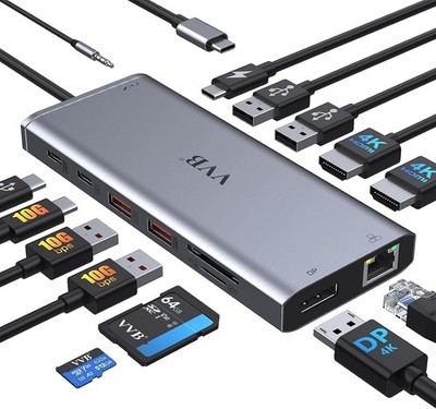 USB C Docking Station 14-in-1 Dual HDMI 4K, 100W PD Ethernet Hub